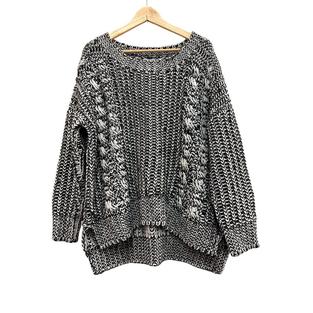 CHLOE K. Black & White Chunky Oversized Cable Knit Box Sweater L